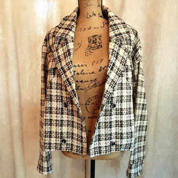 Boho Oversized Crop Blazer Jacket Brown Cream Tweed Metallic Gold Size XL - NWT - Picture 7 of 15